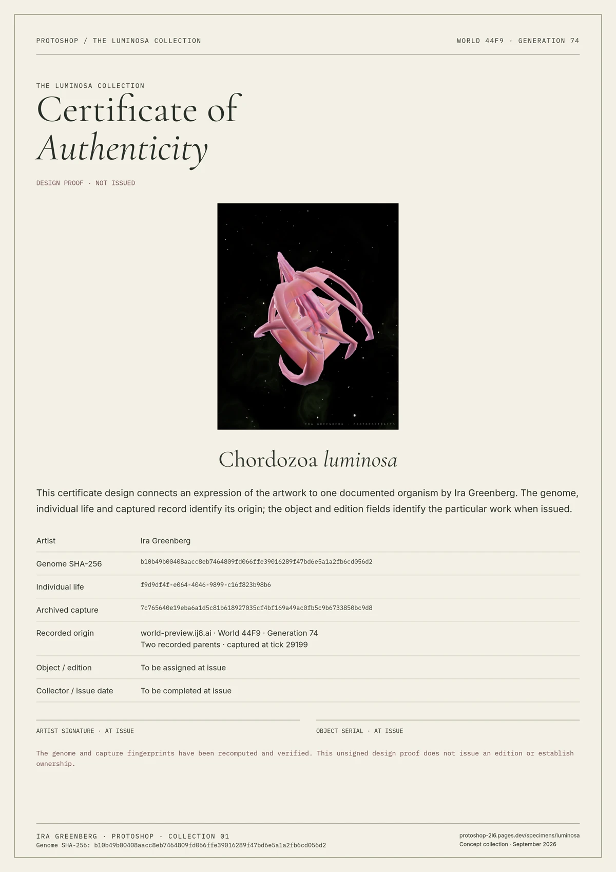 Certificate of Authenticity design proof for Chordozoa luminosa, with genome and life identifiers and blank issue fields