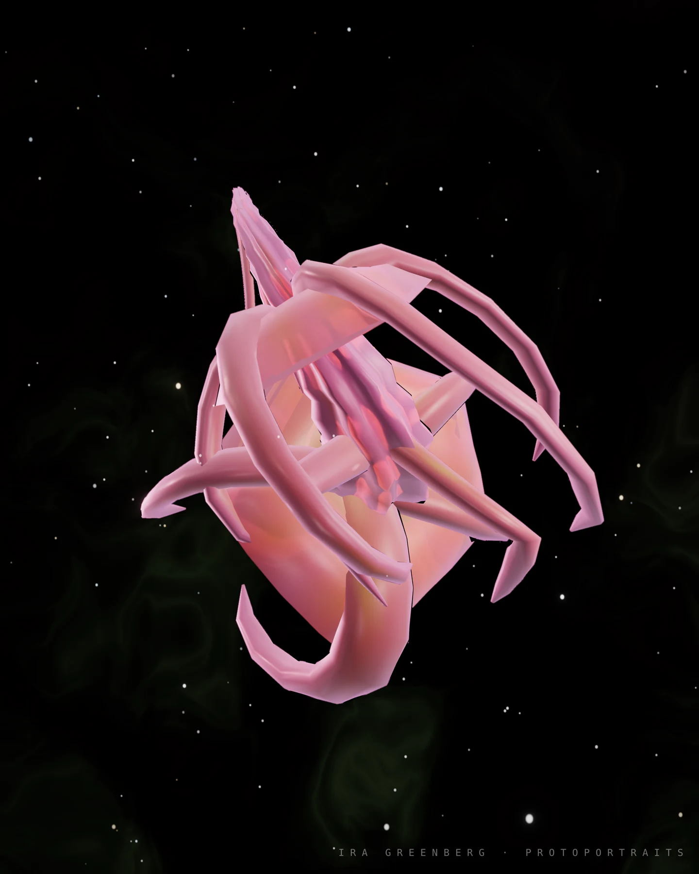 A rose-toned Chordozoa luminosa, its folded appendages surrounding a tapered central body