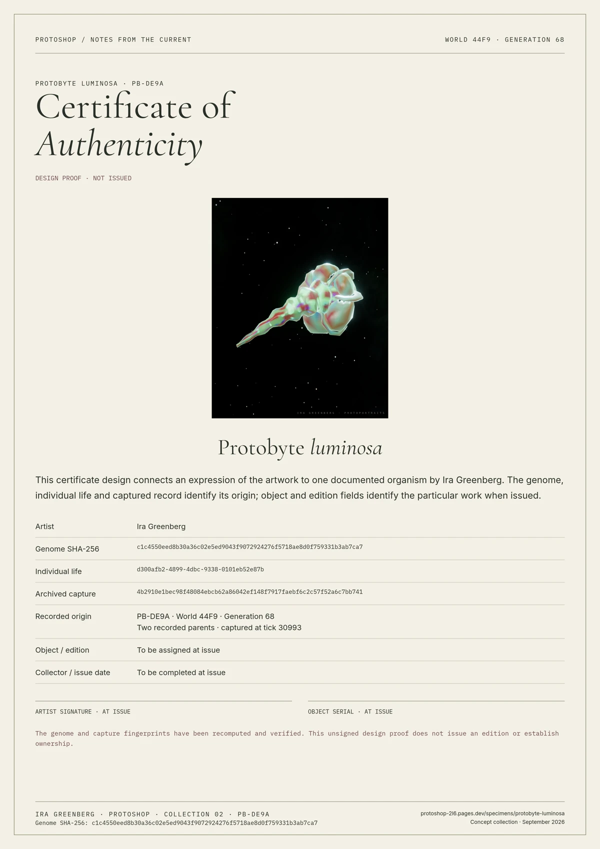 Unsigned certificate design proof for Protobyte luminosa PB-DE9A, with its full genome, life ID and capture fingerprint