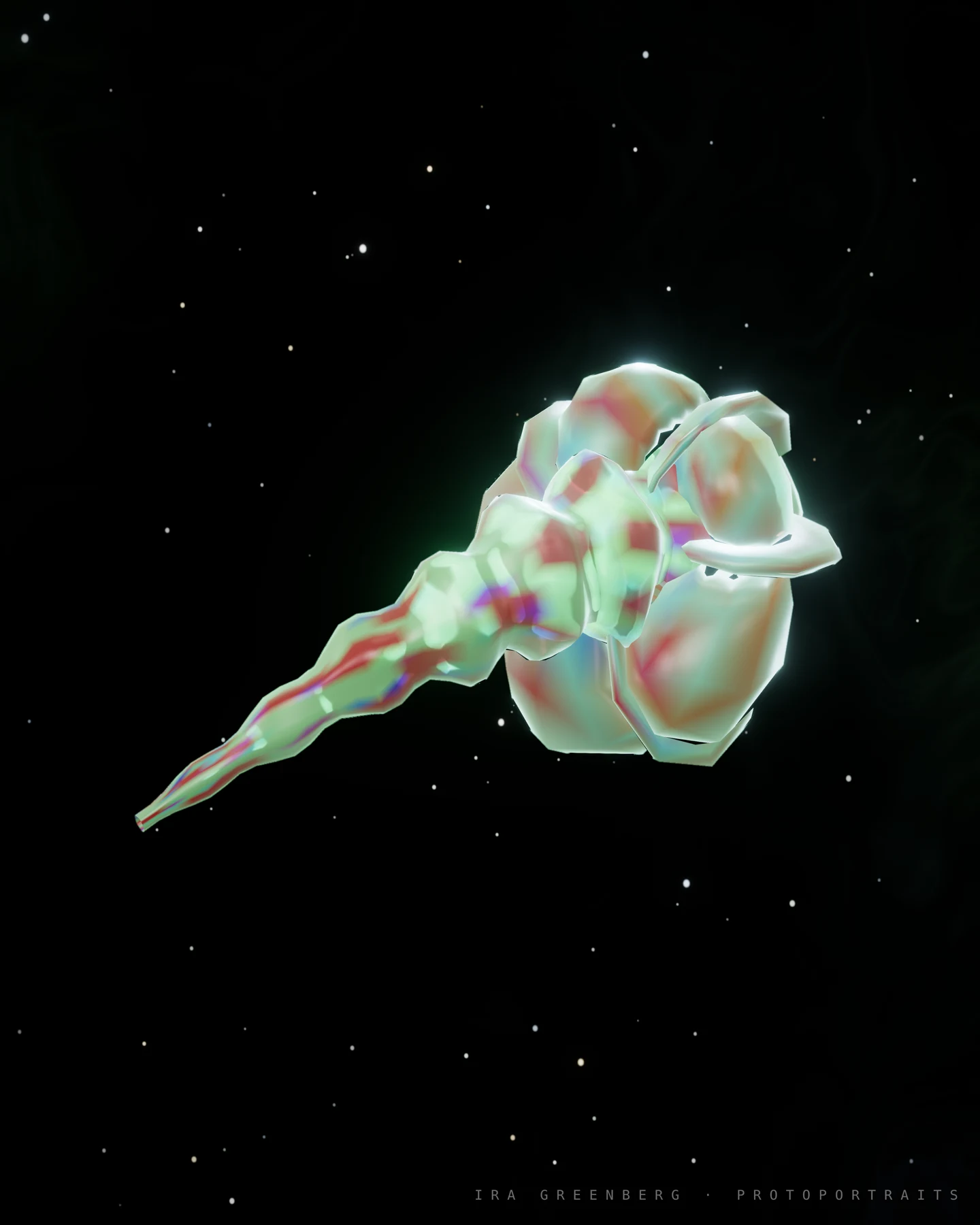 Protobyte luminosa PB-DE9A rendered from its captured genome, with a green ribbed trunk and rose-patterned folded appendages